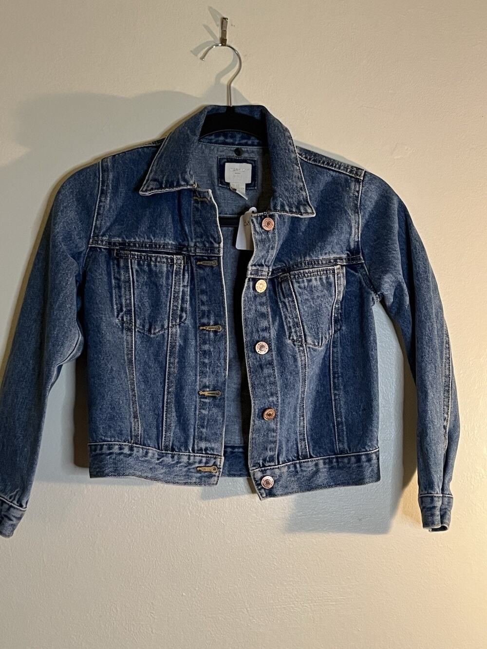 Forever 21 Girls Jean Jacket Size 7/8 Blue Button Up Collard Long Sleeve